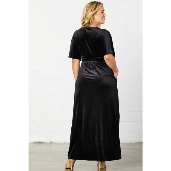 Kiyonna Black Maxi Dress 5X Verona Velvet Pockets Flutter Sleeves Slits Slimming - Picture 4 of 9